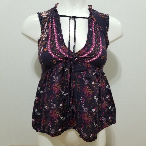 Full Tilt top XS floral print sleeveless tie neck cutout hi low shirttail hem - Picture 1 of 16
